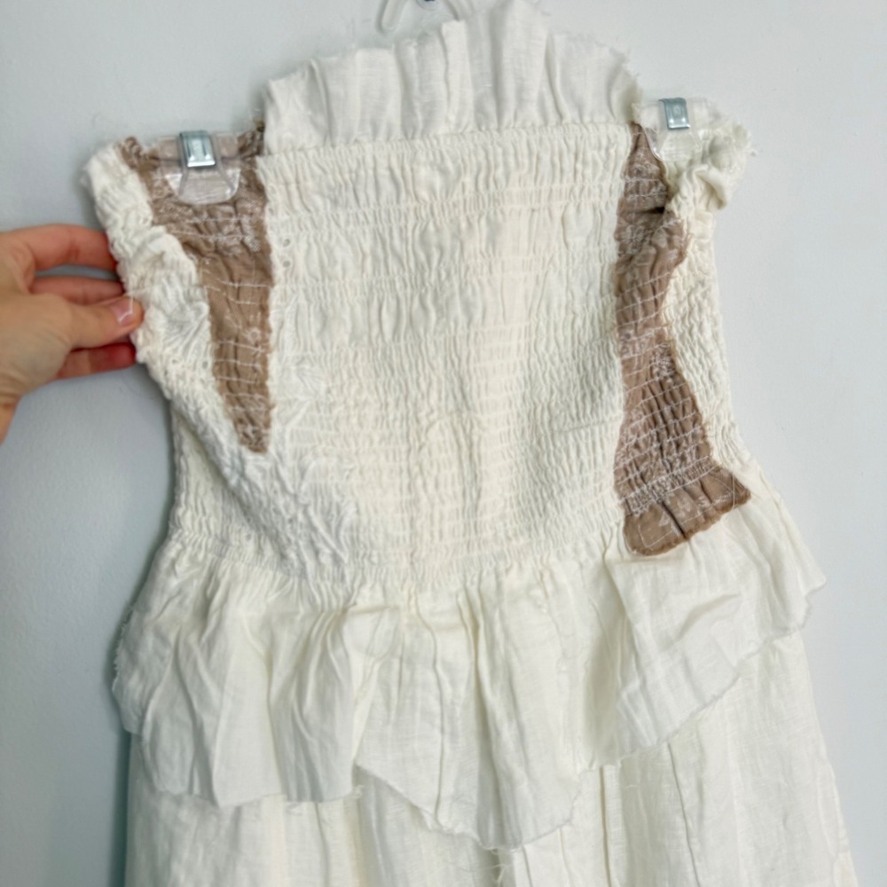 J4 Anthro Hemant & Nandita White Smocked Strapless Linen Midi Dress Lace Trim S - Picture 6 of 13
